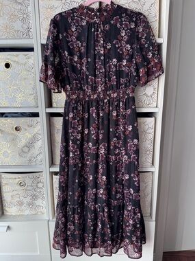 Jolt Black Midi Dress with Mauve Floral Print